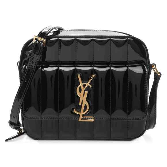 Saint Laurent YSL Vicky Monogram Black Patent Leather Gold Crossbody Camera Bag - Picture 1 of 12